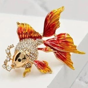 Goldfish Brooch Fish Rhinestone Inlay Sparkle Hollywood Glam Trendy Stylish Cute